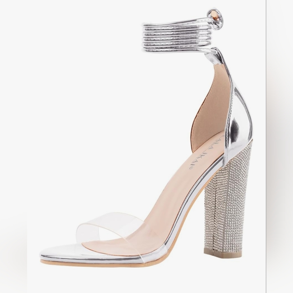 Lala Ikai Metallic Open Toe Strappy Sandals Rhinestone Chunky Heel Size 37.5.